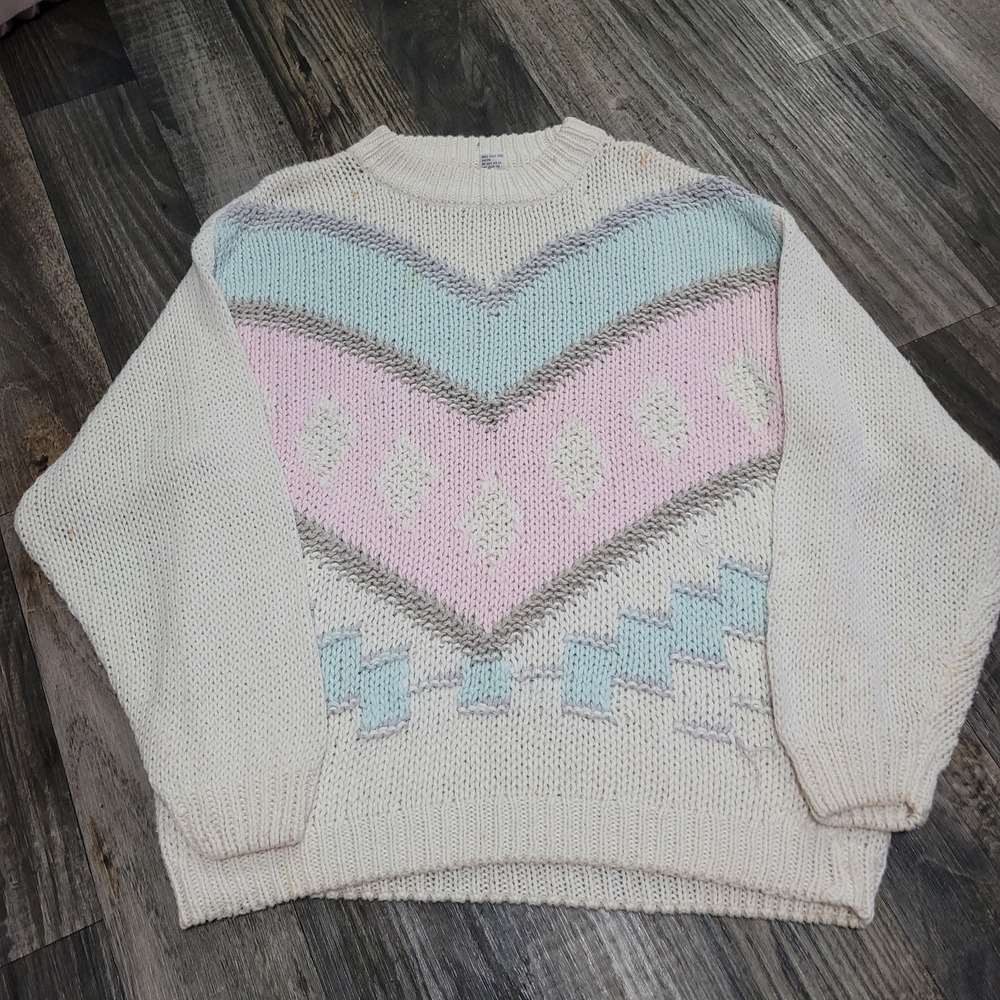 Vintage Lauren Brooke Pink Blue Hand Knit Sweater Kawaii Cute Pastels 40/20W